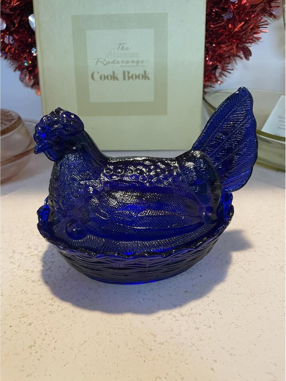 Vintage Cobalt Blue Hen on Nest 6” Glass Covered Dish Farmhouse